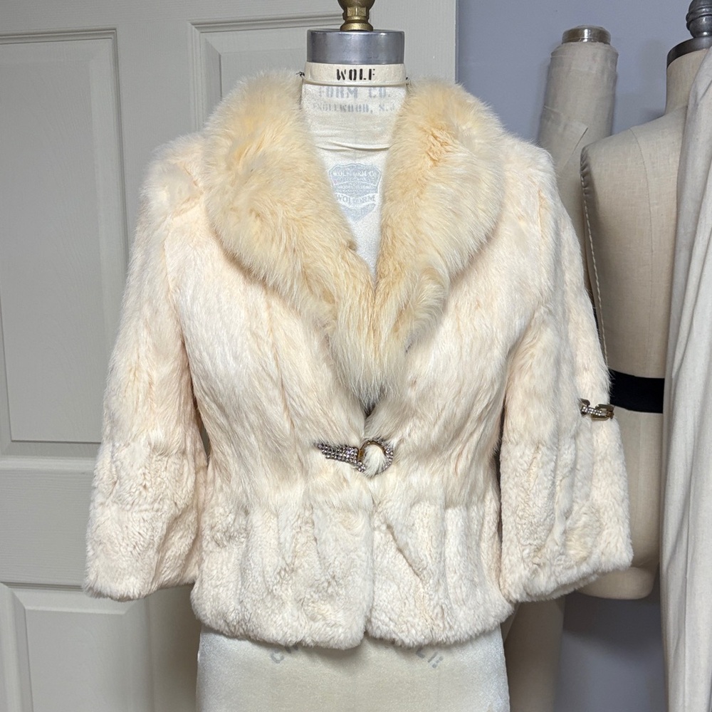 Genuine fur Cream Teddy Jacket with Fox  Collar
